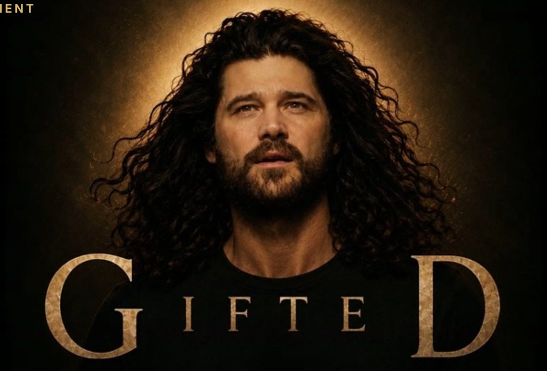 GIFTED key art: a long-haired man lit in gold