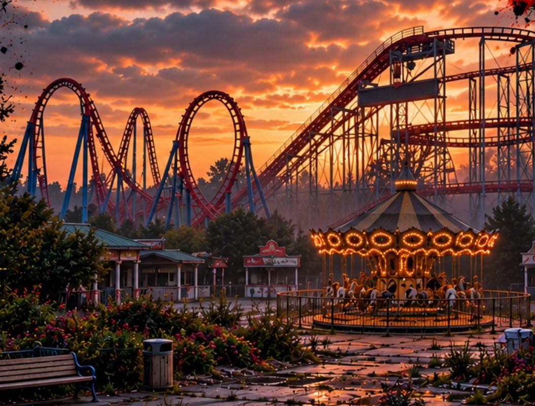 Abandoned amusement park at sunset